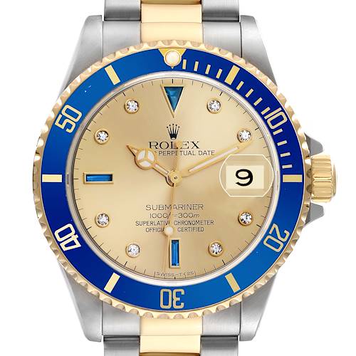 The image shows a frontal view of the Rolex Submariner 16613 Men's Steel and Gold (two tone) Champagne Dial, highlighting the blue bezel, gold dial, and stainless steel and gold bracelet.