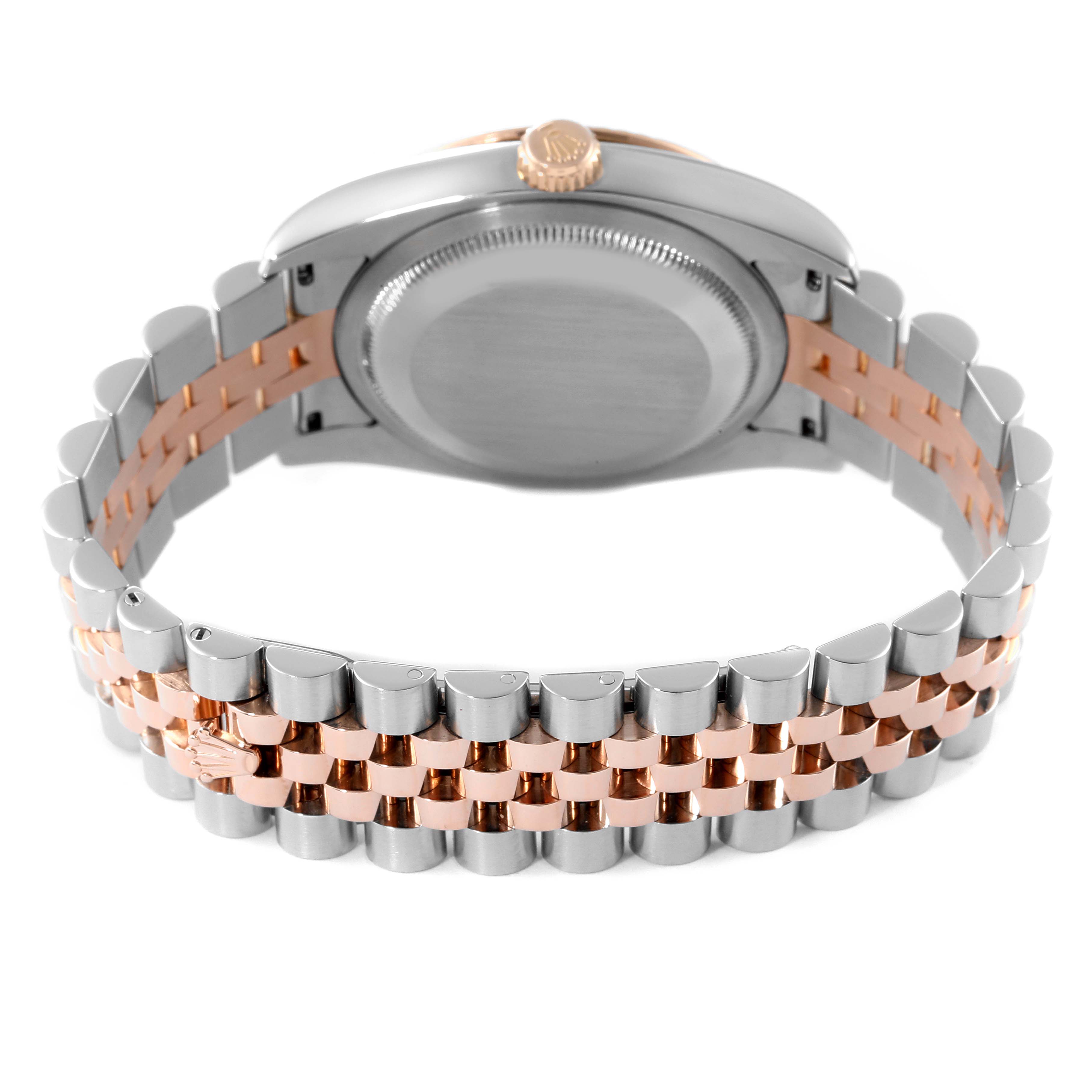 This image shows the back side and bracelet of a Rolex Turn-o-Graph 116261 Men's Steel and Gold (two tone) White Dial 116261 Men's Steel and Gold (two tone) White Dial watch, focusing on the case back and part of the crown.