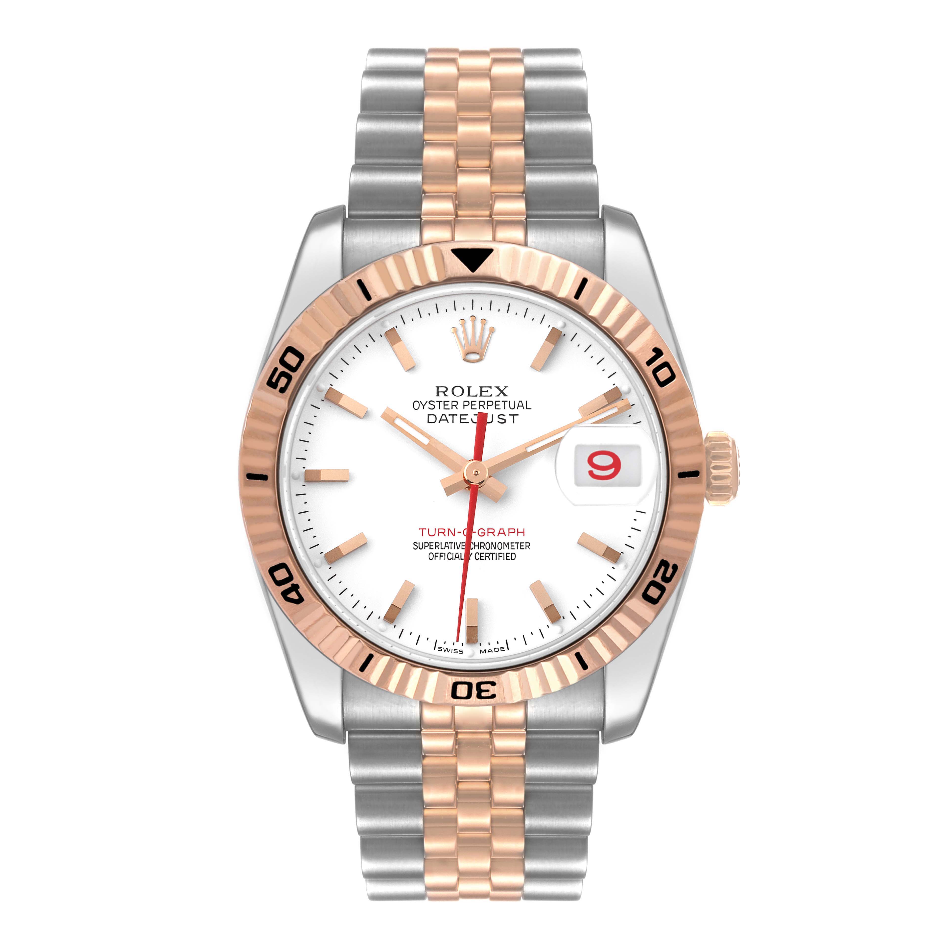 The image shows a front view of a Rolex Turn-o-Graph 116261 Men's Steel and Gold (two tone) White Dial 116261 Men's Steel and Gold (two tone) White Dial model watch, highlighting its white dial, rose gold bezel, and two-tone bracelet.