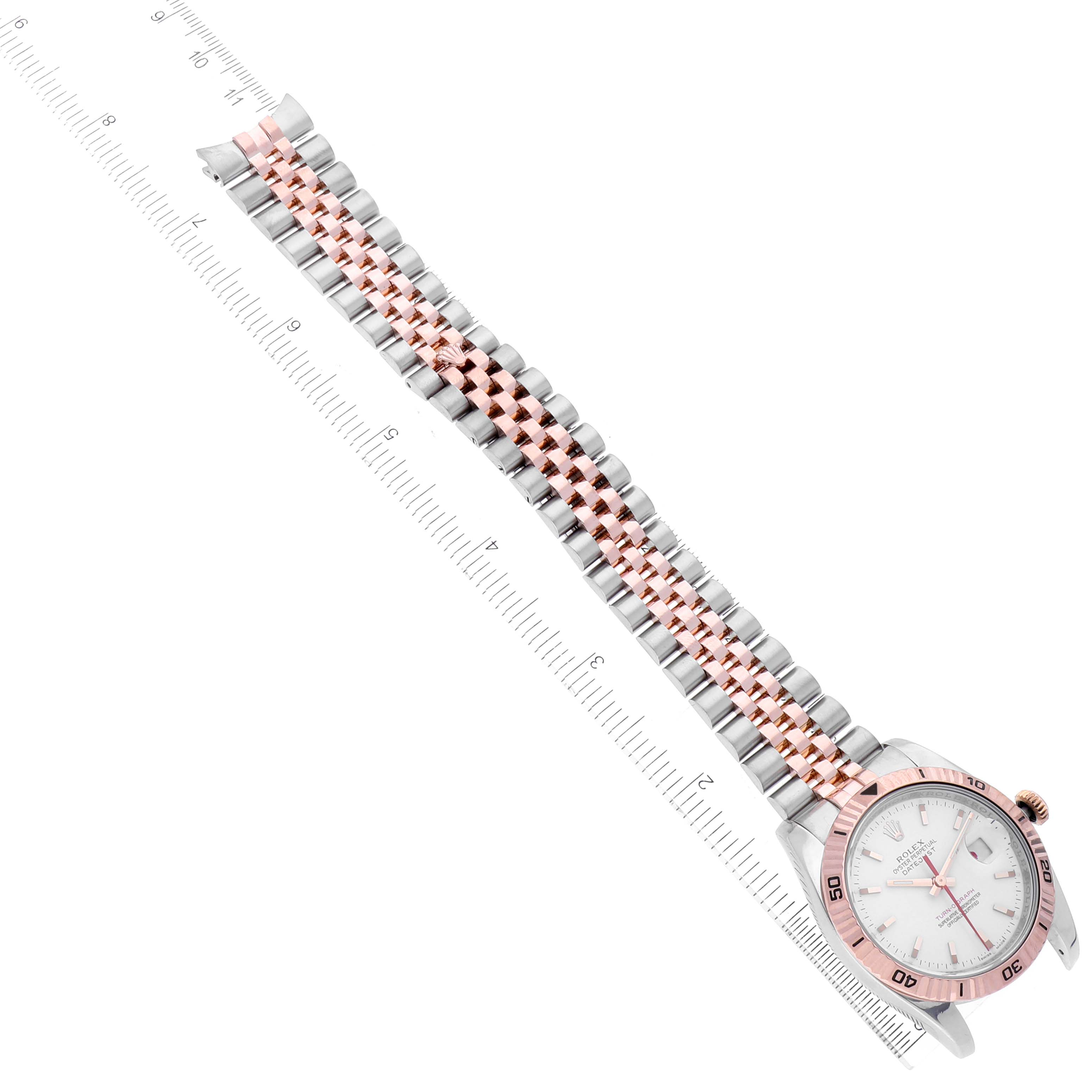 The image shows a Rolex Turn-o-Graph 116261 Men's Steel and Gold (two tone) White Dial 116261 Men's Steel and Gold (two tone) White Dial watch laid flat, displaying the dial, bezel, and two-tone bracelet.