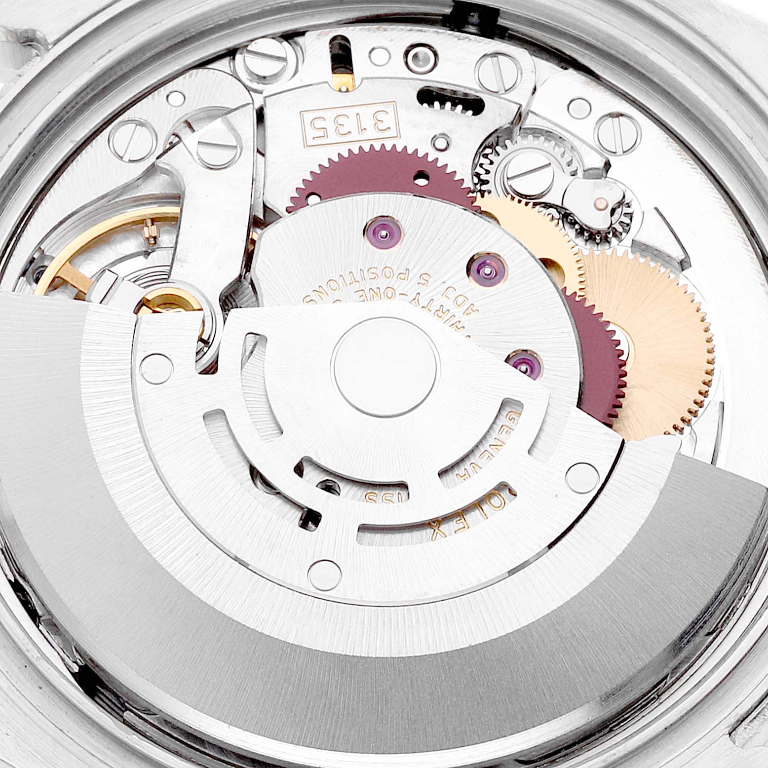 This image shows the movement and internal mechanisms of a Rolex Turn-o-Graph 116261 Men's Steel and Gold (two tone) White Dial 116261 Men's Steel and Gold (two tone) White Dial watch from a top-down angle.