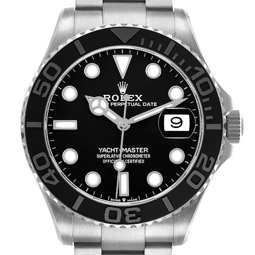 The Rolex Yacht-Master 226627 Men's Titanium Black Dial watch is shown from the front, featuring its bezel, dial, hands, and date window.