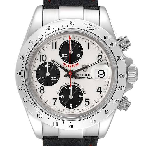 The image shows a Tudor Prince model watch from the front, highlighting its dial, chronograph subdials, and bezel.