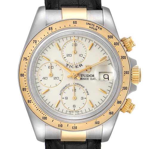 The image shows a close-up front view of the Tudor Tiger 79263 Men's Steel and Gold (two tone) White Dial 79263 Men's Steel and Gold (two tone) White Dial watch, highlighting the dial, bezel, and crown.