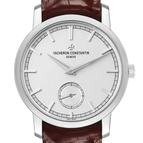 The Vacheron Constantin Traditionnelle 82172G Men's White Gold Silver Dial watch is shown from a straight-on angle, highlighting the face, dial, and part of the strap.