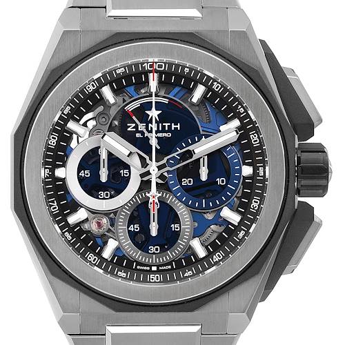 The image shows a close-up, frontal view of the Zenith Defy 95.9100.9004/01.I001 Men's Titanium Blue Dial 95.9100.9004/01.I001 Men's Titanium Blue Dial El Primero watch, displaying its detailed face and dials.