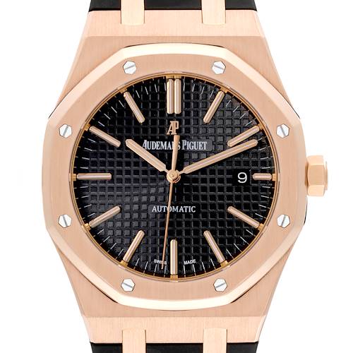This image shows a frontal view of the Audemars Piguet Royal Oak 15400OR.OO.D002CR.01 Men's Rose Gold Black Dial 15400OR.OO.D002CR.01 Men's Rose Gold Black Dial watch, highlighting its octagonal bezel, black Tapisserie dial, and date window.