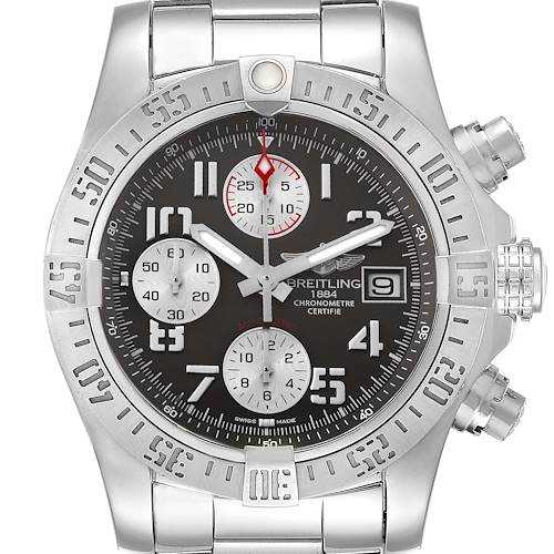 This image shows a front view of the Breitling Avenger A13381 Men's Stainless Steel Grey Dial A13381 Men's Stainless Steel Grey Dial watch, exhibiting its dial, bezel, and side pushers.