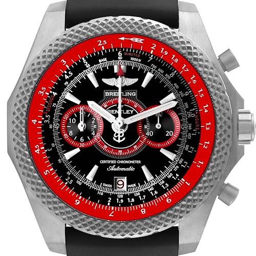 The image shows a front view of a Breitling Bentley E27365 Men's Titanium Black Dial E27365 Men's Titanium Black Dial watch with a knurled bezel, red accents, and subdials.