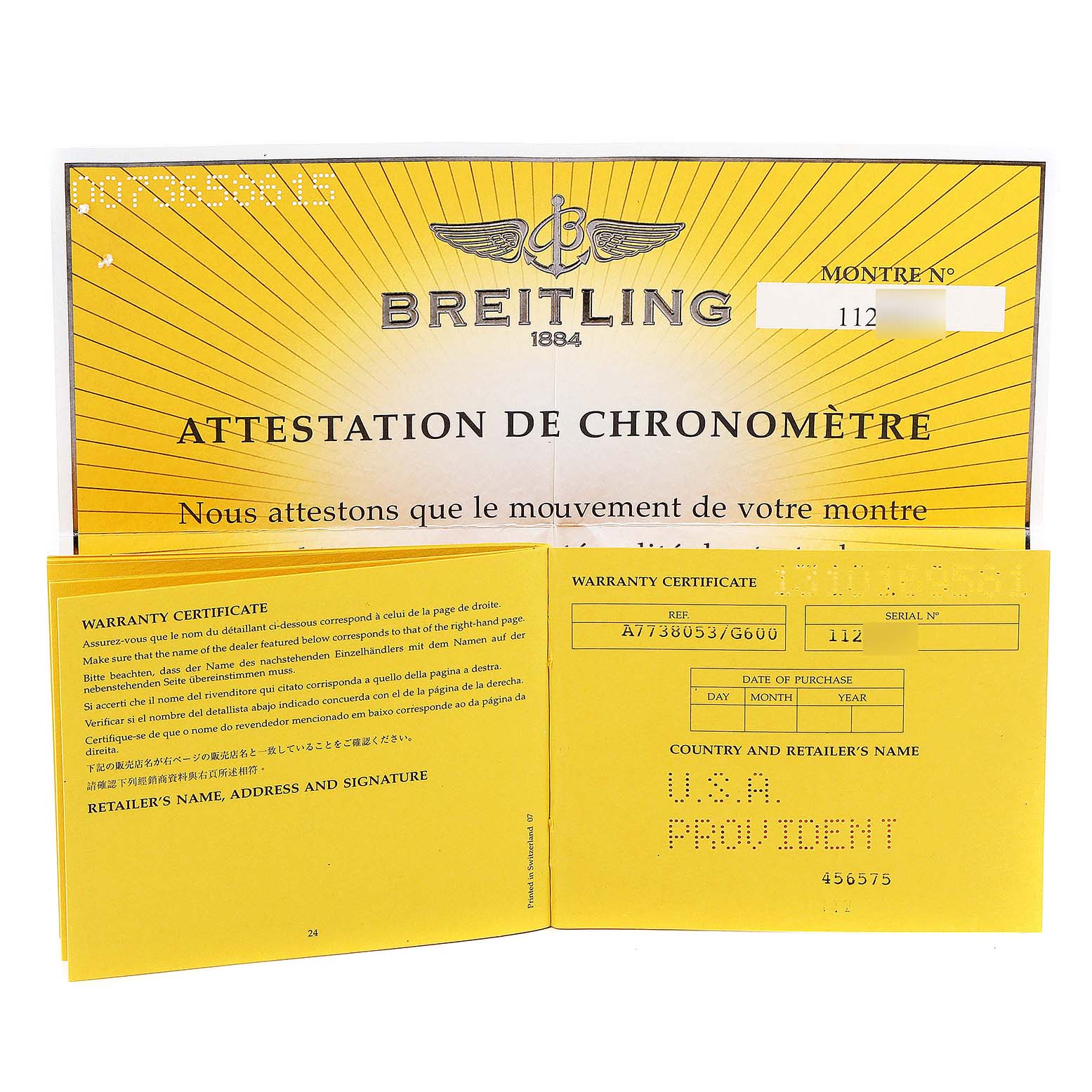 The image shows the certification and warranty booklet for a Breitling A77380 Women's Stainless Steel Silver Dial A77380 Women's Stainless Steel Silver Dial Colt Oceane Stainless Steel Diamond Ladies Watch A77380.