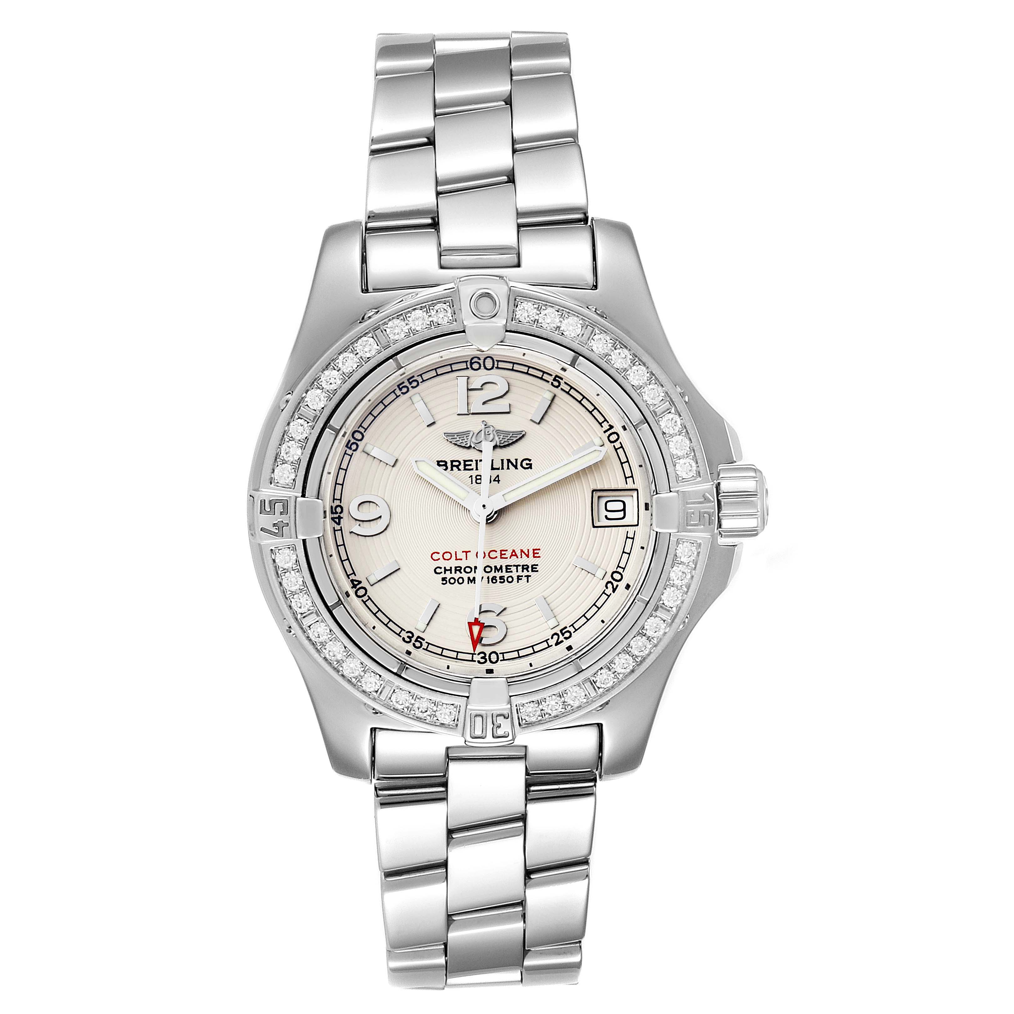 This image shows a front view of the Breitling A77380 Women's Stainless Steel Silver Dial A77380 Women's Stainless Steel Silver Dial Colt Oceane Stainless Steel Diamond Ladies Watch A77380, highlighting the face, bezel, and bracelet.