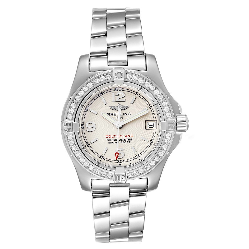 This image shows a front view of the Breitling A77380 Women's Stainless Steel Silver Dial A77380 Women's Stainless Steel Silver Dial Colt Oceane Stainless Steel Diamond Ladies Watch A77380, highlighting the face, bezel, and bracelet.
