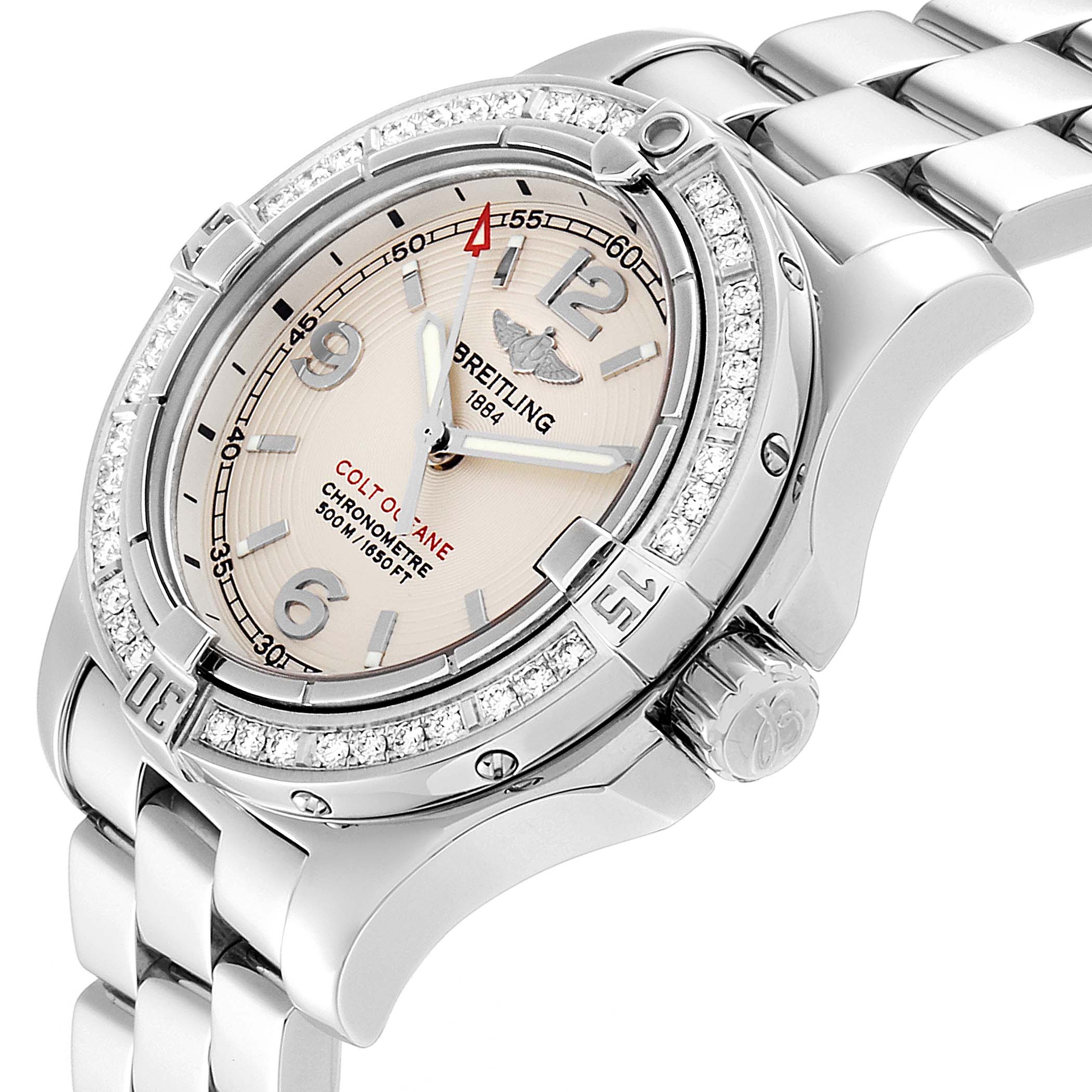 The image shows a detailed, angled view of the Breitling A77380 Women's Stainless Steel Silver Dial A77380 Women's Stainless Steel Silver Dial Colt Oceane Stainless Steel Diamond Ladies Watch A77380, focusing on the face, bezel, and bracelet.