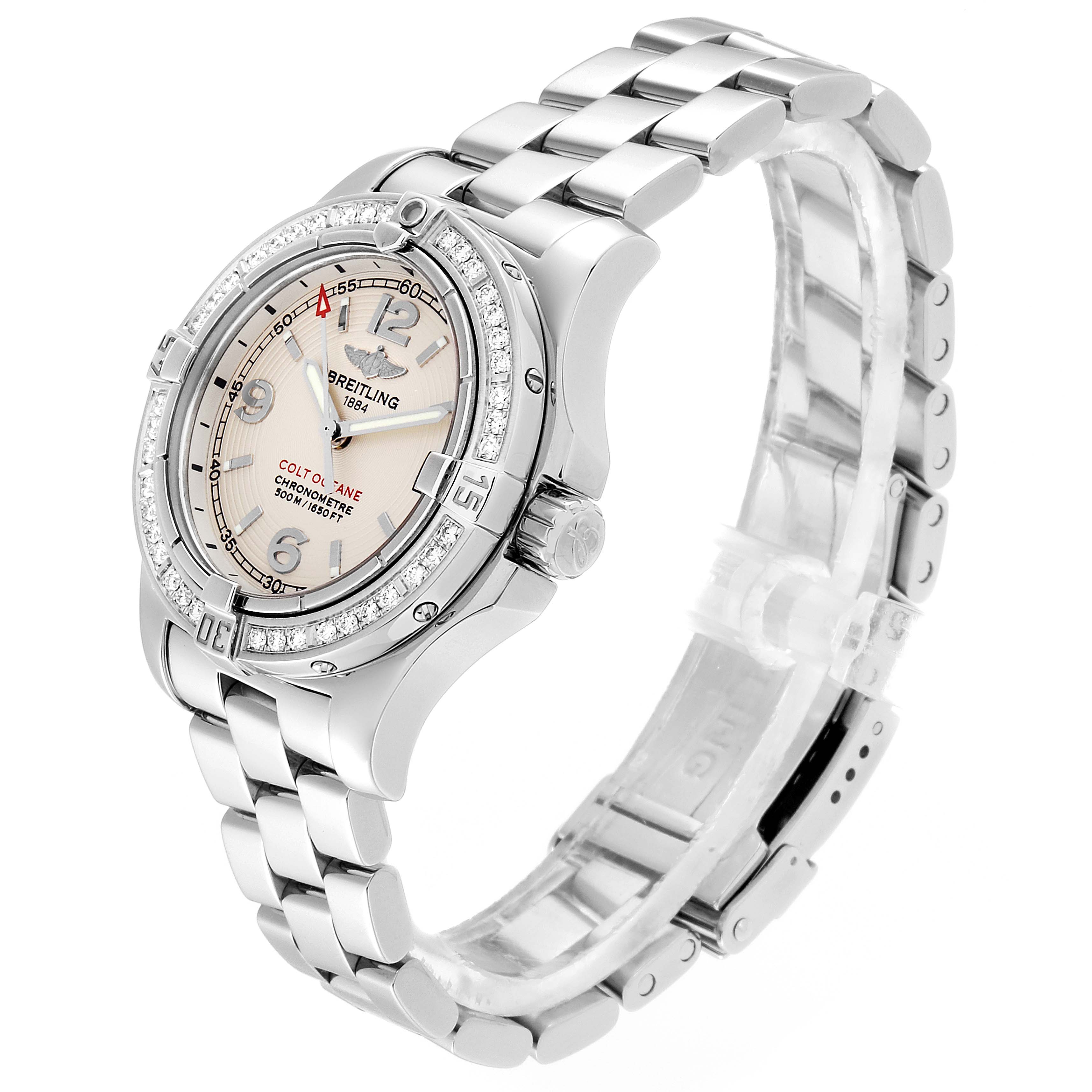 The image shows a side angle of the Breitling A77380 Women's Stainless Steel Silver Dial A77380 Women's Stainless Steel Silver Dial Colt Oceane Stainless Steel Diamond Ladies Watch A77380, highlighting the dial and bracelet.