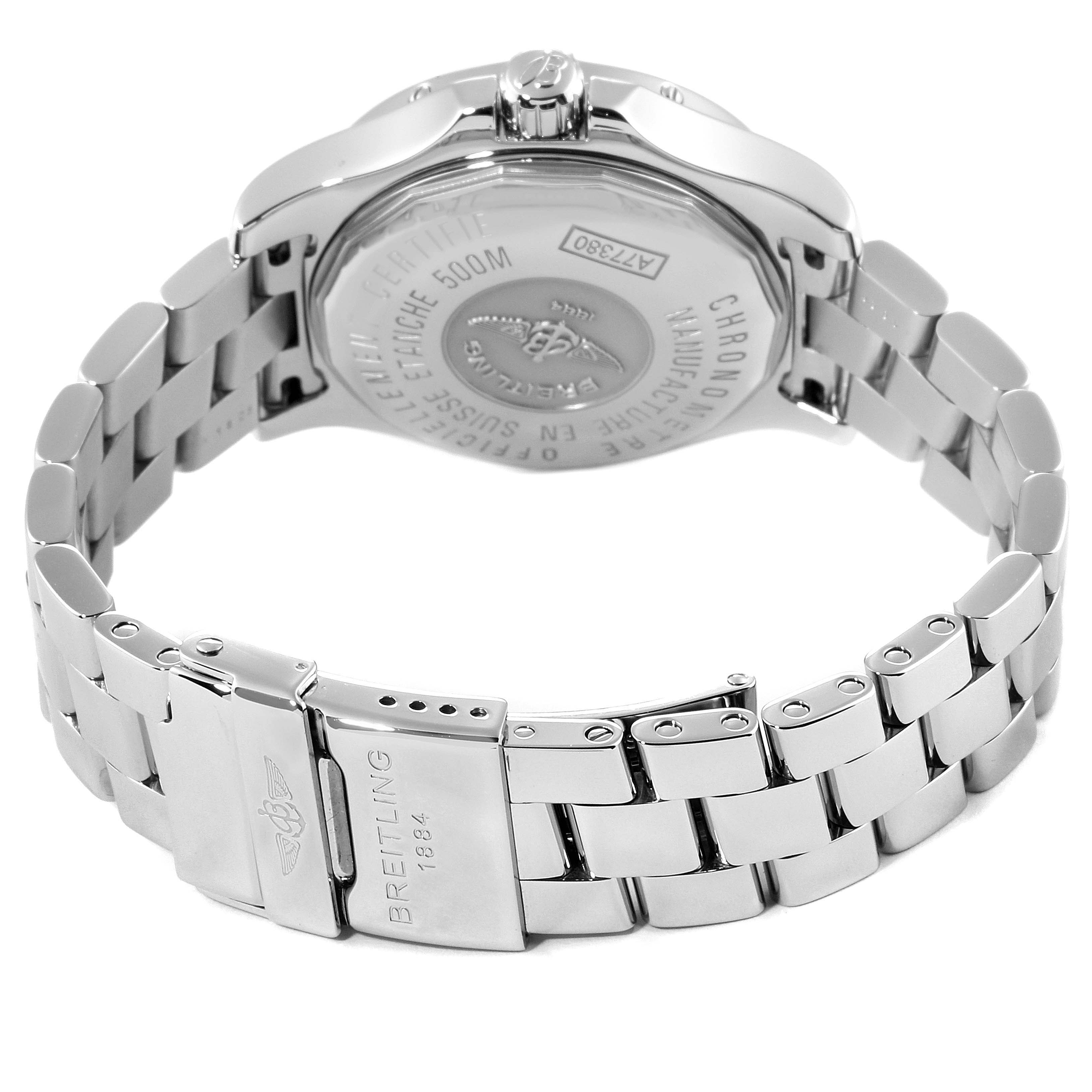 The image shows the back and clasp of the Breitling A77380 Women's Stainless Steel Silver Dial A77380 Women's Stainless Steel Silver Dial Colt Oceane Stainless Steel Diamond Ladies Watch A77380.