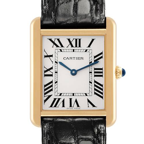 This image shows a Cartier Tank Solo W5200004 Men's Steel and Gold (two tone) Silver Dial W5200004 Men's Steel and Gold (two tone) Silver Dial watch face with a gold case, Roman numerals, and black leather strap from a front angle.