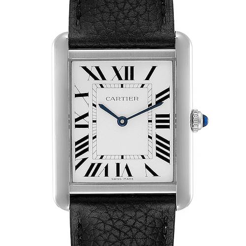 The Tank Solo watch by Cartier is shown from a front angle, displaying its face, crown, and part of the leather strap.