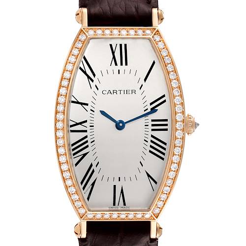 This is a close-up, front view of the Cartier Tonneau 2849 Women's Rose Gold Silver Dial 2849 Women's Rose Gold Silver Dial model watch, showing the dial, hands, and part of the strap.