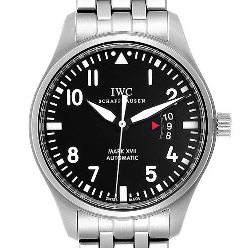 The image shows a frontal view of the IWC Pilot IW326504 Men's Stainless Steel Black Dial IW326504 Men's Stainless Steel Black Dial Mark XVII Automatic watch, displaying the face and part of the stainless steel bracelet.