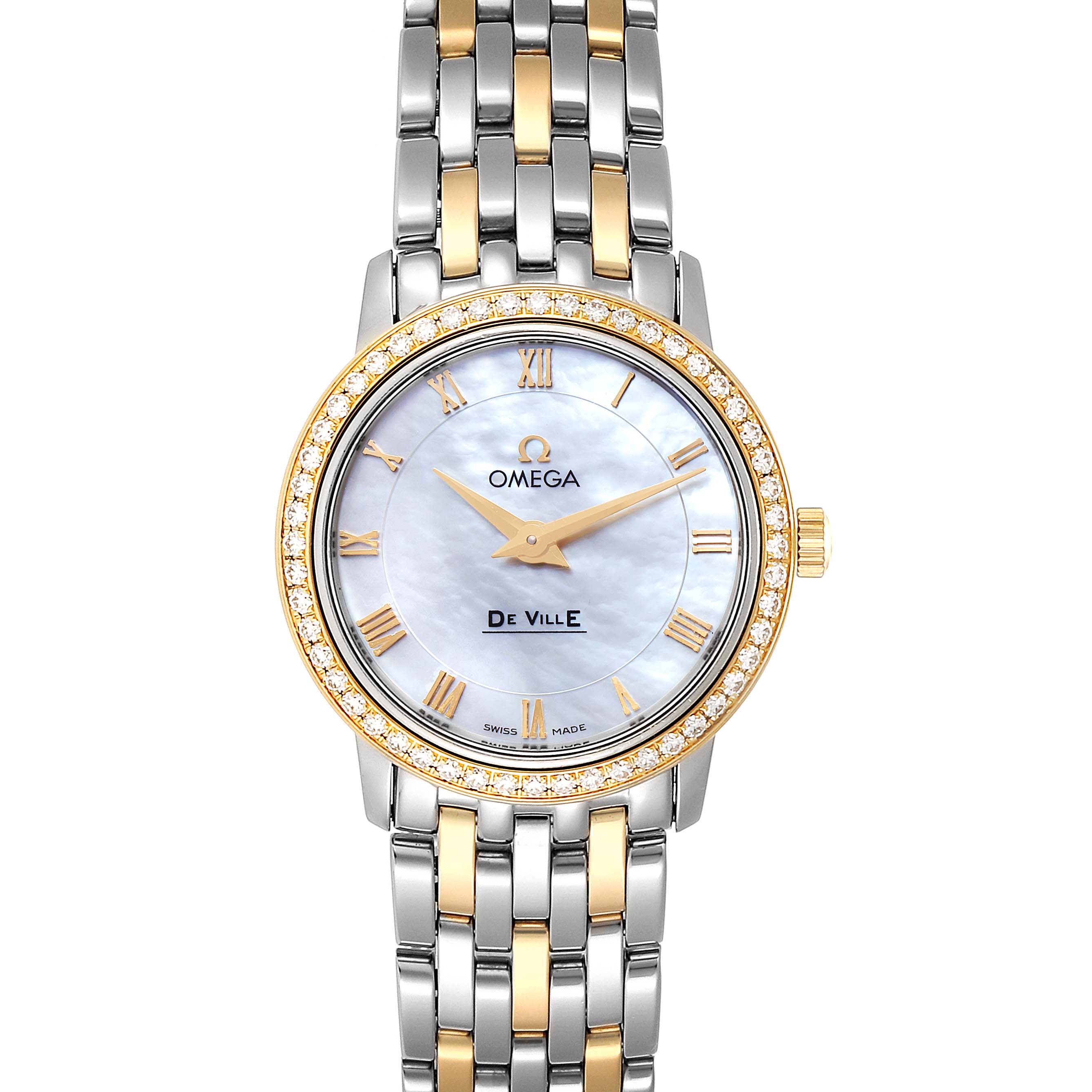 The Omega 413.25.27.60.05.001 Women's Steel and Gold (two tone) Mother of Pearl Dial 413.25.27.60.05.001 Women's Steel and Gold (two tone) Mother of Pearl Dial DeVille Prestige Steel Yellow Gold Diamond Watch 413.25.27.60.05.001 is shown from the front, highlighting its dial, bezel, and bracelet.