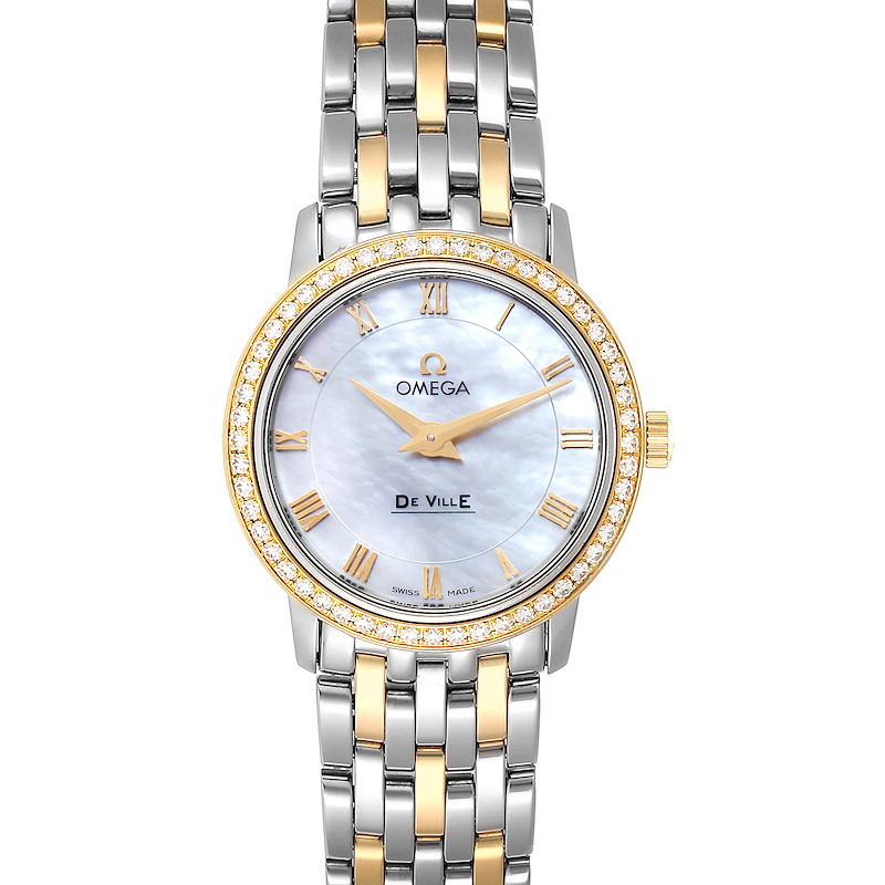 The Omega 413.25.27.60.05.001 Women's Steel and Gold (two tone) Mother of Pearl Dial 413.25.27.60.05.001 Women's Steel and Gold (two tone) Mother of Pearl Dial DeVille Prestige Steel Yellow Gold Diamond Watch 413.25.27.60.05.001 is shown from the front, highlighting its dial, bezel, and bracelet.