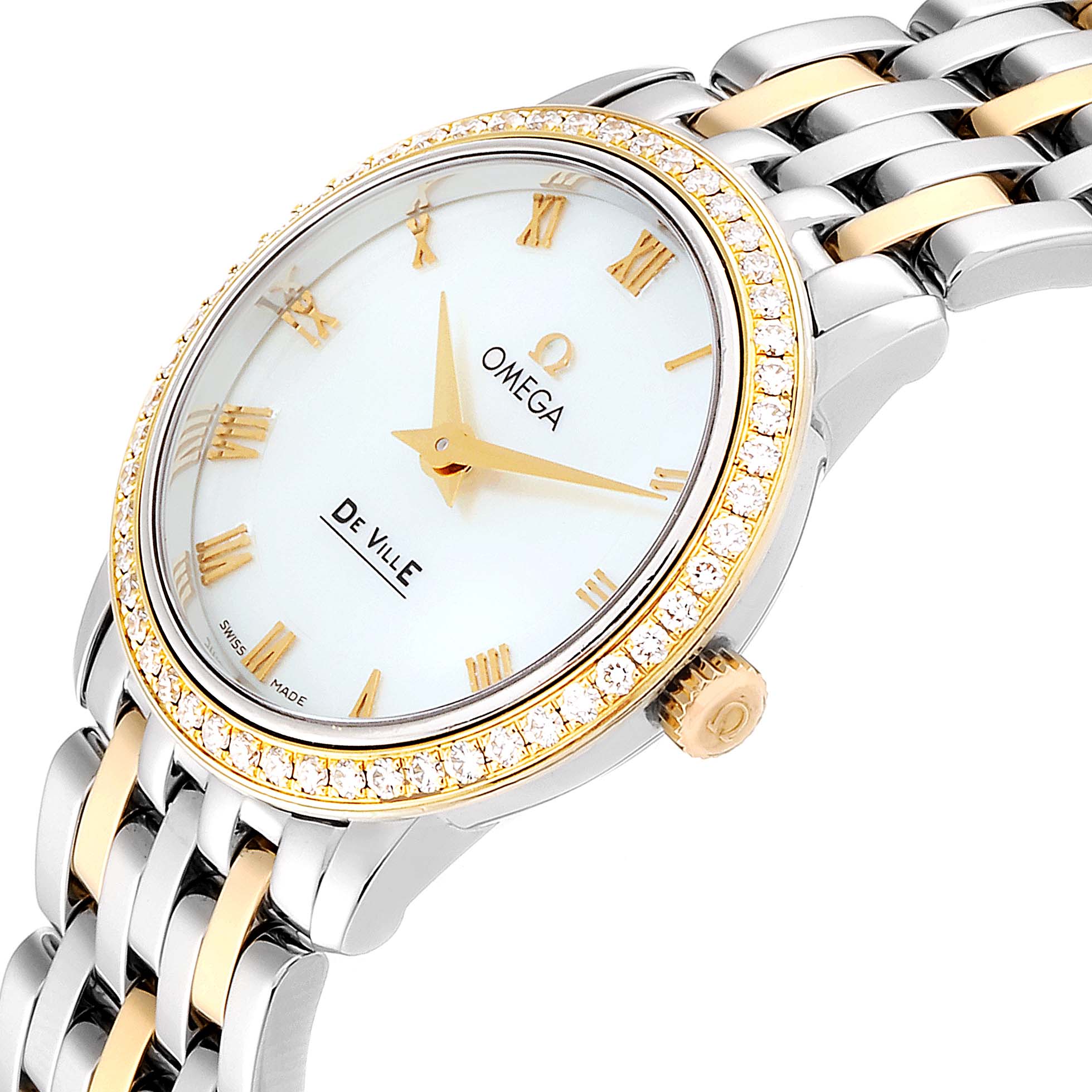 The Omega 413.25.27.60.05.001 Women's Steel and Gold (two tone) Mother of Pearl Dial 413.25.27.60.05.001 Women's Steel and Gold (two tone) Mother of Pearl Dial DeVille Prestige Steel Yellow Gold Diamond Watch 413.25.27.60.05.001 is shown at a slight angle highlighting its face and bracelet.