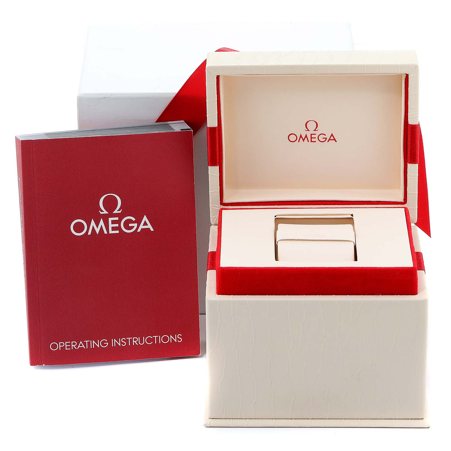 The image shows the packaging and operating instructions for the Omega 413.25.27.60.05.001 Women's Steel and Gold (two tone) Mother of Pearl Dial 413.25.27.60.05.001 Women's Steel and Gold (two tone) Mother of Pearl Dial DeVille Prestige Steel Yellow Gold Diamond Watch 413.25.27.60.05.001.