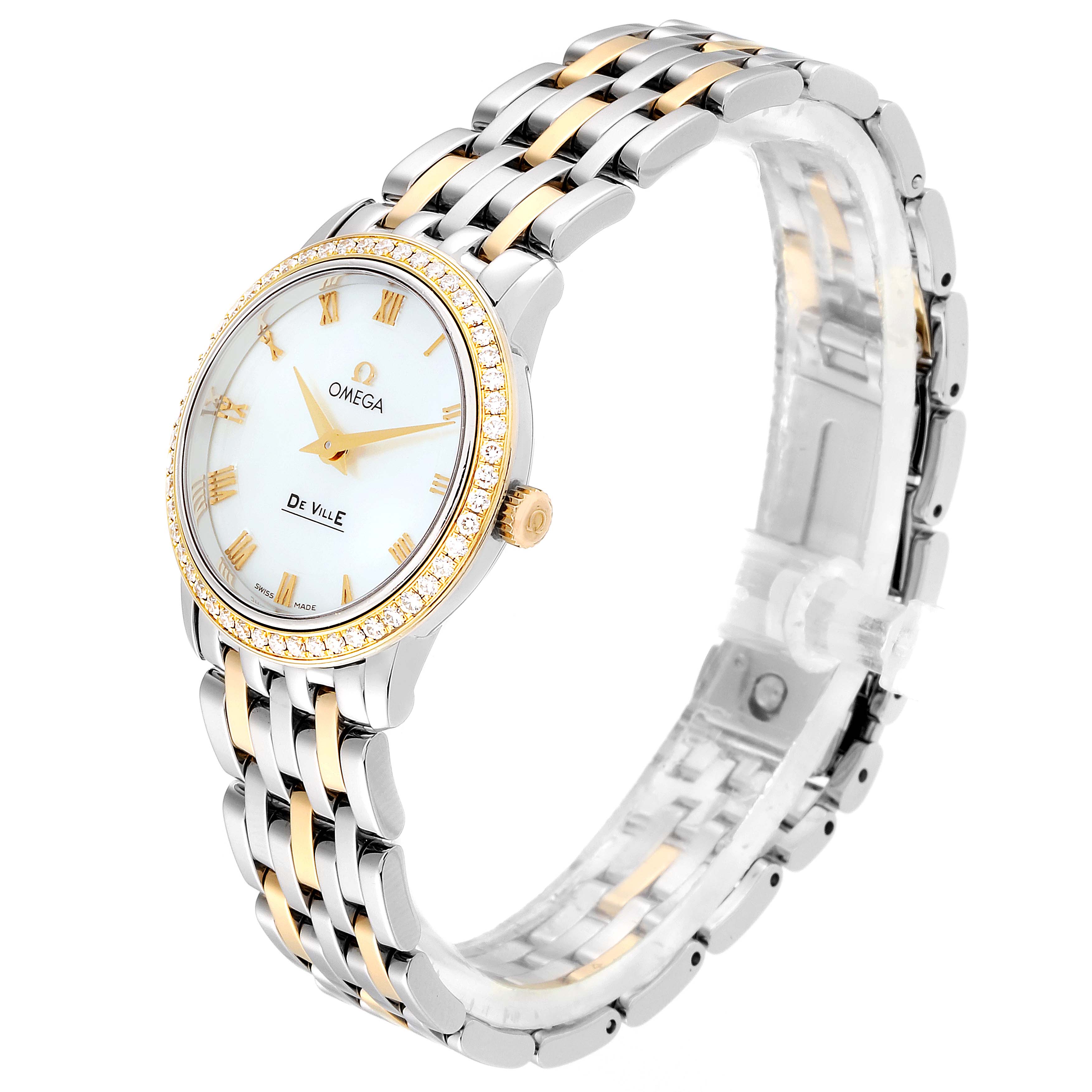 The image shows an angled view of the Omega 413.25.27.60.05.001 Women's Steel and Gold (two tone) Mother of Pearl Dial 413.25.27.60.05.001 Women's Steel and Gold (two tone) Mother of Pearl Dial DeVille Prestige Steel Yellow Gold Diamond Watch 413.25.27.60.05.001, displaying the face and bracelet.