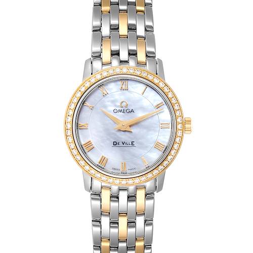 The Omega 413.25.27.60.05.001 Women's Steel and Gold (two tone) Mother of Pearl Dial 413.25.27.60.05.001 Women's Steel and Gold (two tone) Mother of Pearl Dial DeVille Prestige Steel Yellow Gold Diamond Watch 413.25.27.60.05.001 is shown from a top-down angle, displaying its face and band.