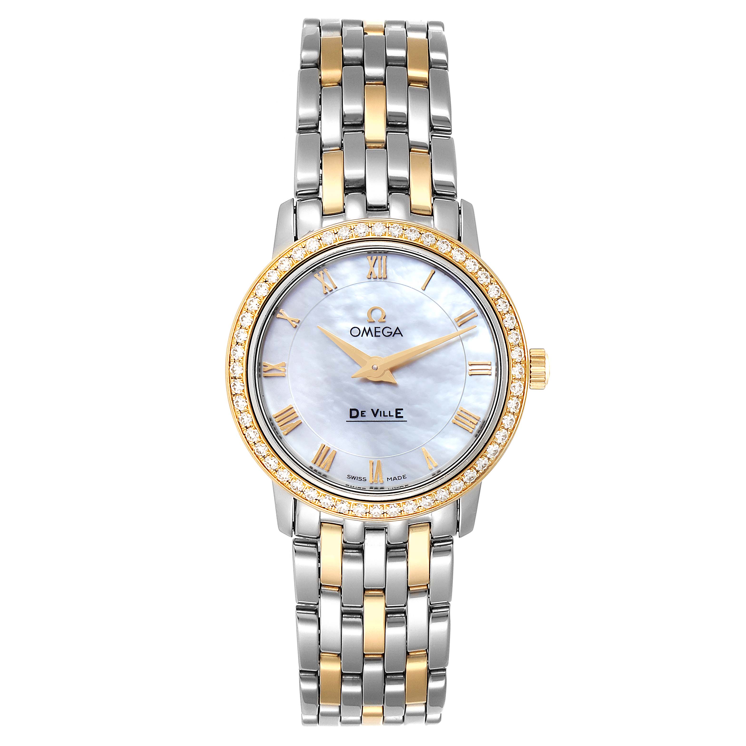 The image shows a front view of the Omega 413.25.27.60.05.001 Women's Steel and Gold (two tone) Mother of Pearl Dial 413.25.27.60.05.001 Women's Steel and Gold (two tone) Mother of Pearl Dial DeVille Prestige Steel Yellow Gold Diamond Watch 413.25.27.60.05.001, highlighting the dial and bracelet.