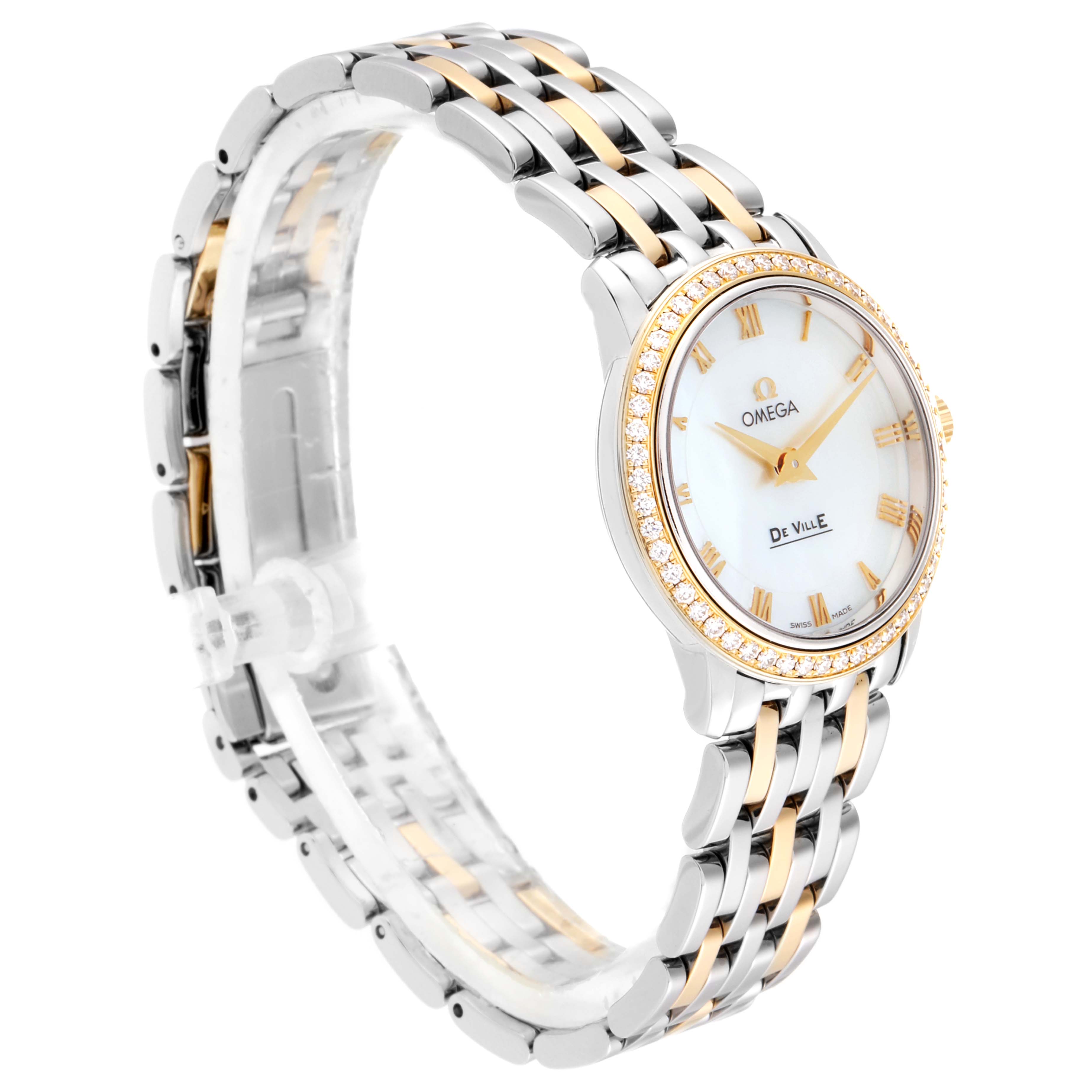 The image shows an angled view of the Omega 413.25.27.60.05.001 Women's Steel and Gold (two tone) Mother of Pearl Dial 413.25.27.60.05.001 Women's Steel and Gold (two tone) Mother of Pearl Dial DeVille Prestige Steel Yellow Gold Diamond Watch model 413.25.27.60.05.001, highlighting its bracelet and face.