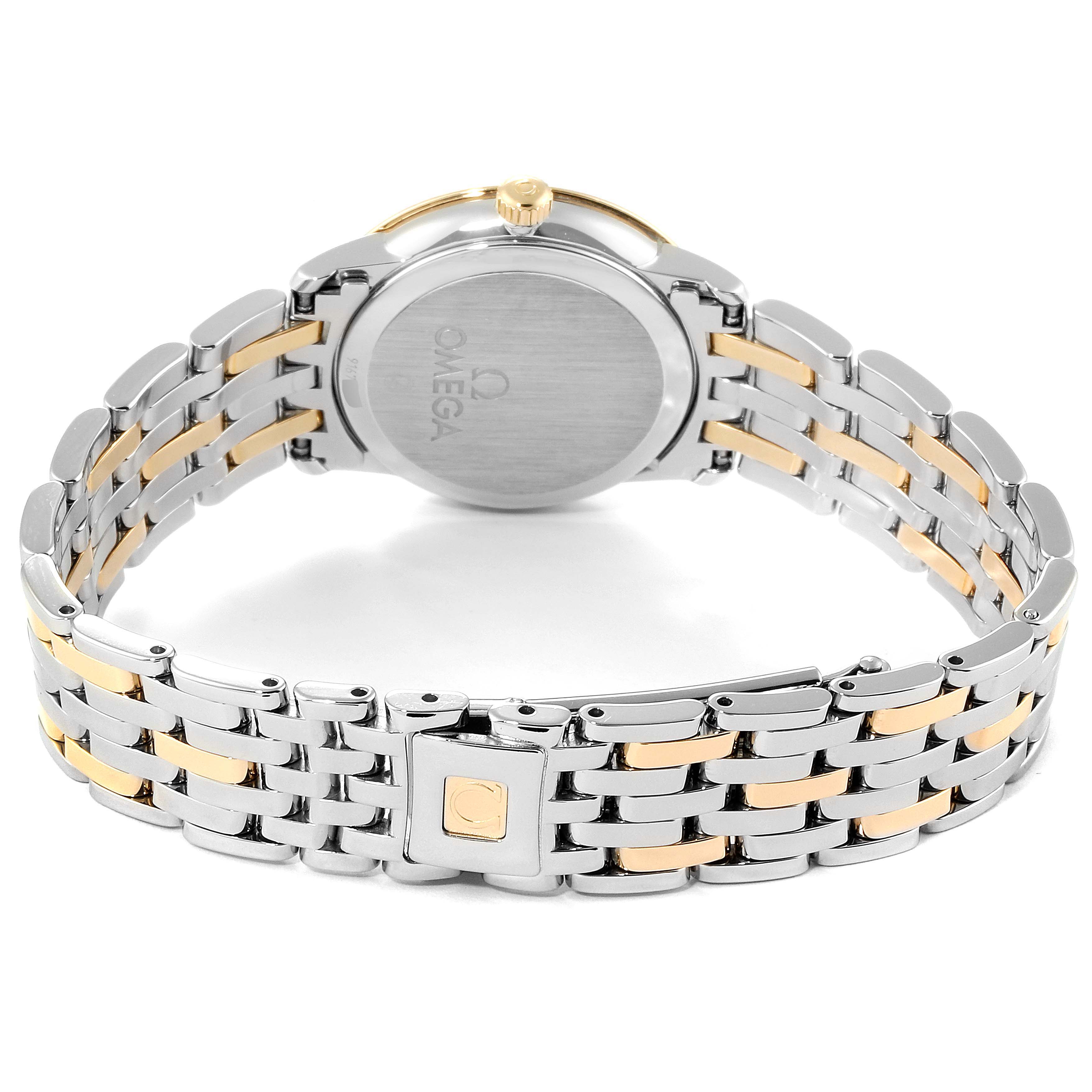The image shows the back and bracelet of the Omega 413.25.27.60.05.001 Women's Steel and Gold (two tone) Mother of Pearl Dial 413.25.27.60.05.001 Women's Steel and Gold (two tone) Mother of Pearl Dial DeVille Prestige Steel Yellow Gold Diamond Watch, model 413.25.27.60.05.001.