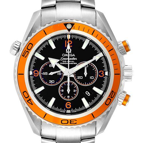 The image shows a front view of an Omega Seamaster Planet Ocean watch, highlighting the orange bezel, black dial, and metal bracelet.