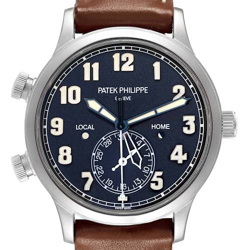 The image shows a frontal view of the Patek Philippe Calatrava 5524G Men's White Gold Blue Dial watch, highlighting its dial, hour markers, hands, and crown.