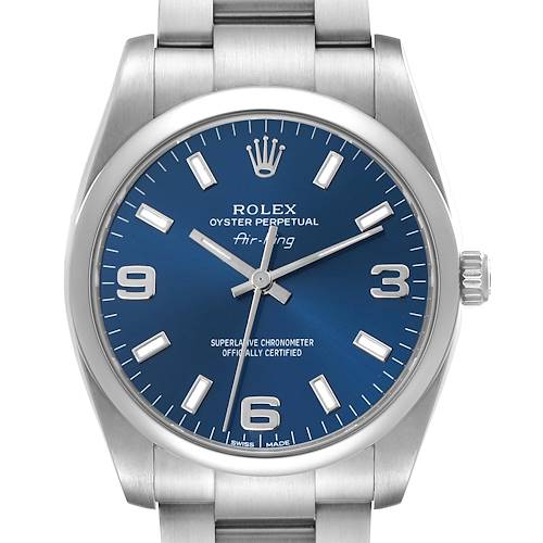 The Rolex Air-King 114200 Men's Stainless Steel Blue Dial watch is shown from a front angle, highlighting the blue dial, hour markers, hands, and crown.