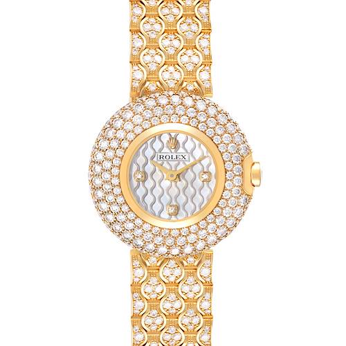 The image shows a front view of a Rolex Cellini 6221/8 Women's Yellow Gold Mother of Pearl Dial 6221/8 Women's Yellow Gold Mother of Pearl Dial watch, highlighting its gold and diamond-encrusted bezel and strap.