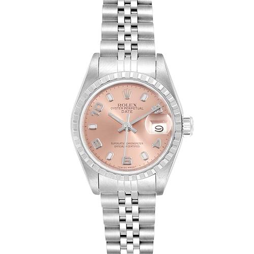 The image shows the front view of the Rolex Oyster Perpetual Date watch, highlighting the dial, bezel, bracelet, and date window.