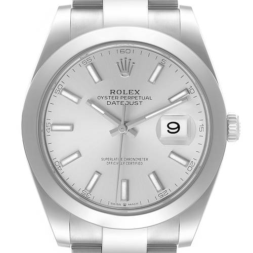The image shows a front view of the Rolex Datejust 41 126300 Men's Stainless Steel Silver Dial 126300 Men's Stainless Steel Silver Dial watch, highlighting its dial, hands, and date window.