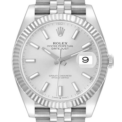 The Rolex Datejust 41 126334 Men's Stainless Steel Silver Dial is shown from the front, highlighting the dial, hands, date window, bezel, and part of the bracelet.