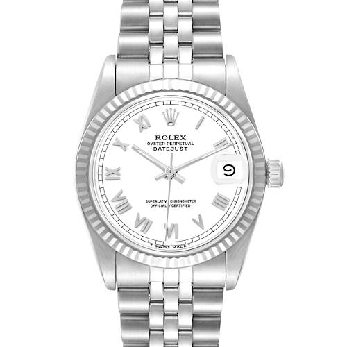 The Rolex Mid-Size 68274 Women's Stainless Steel White Dial watch is shown from a front angle, displaying the face, bezel, case, and part of the bracelet.