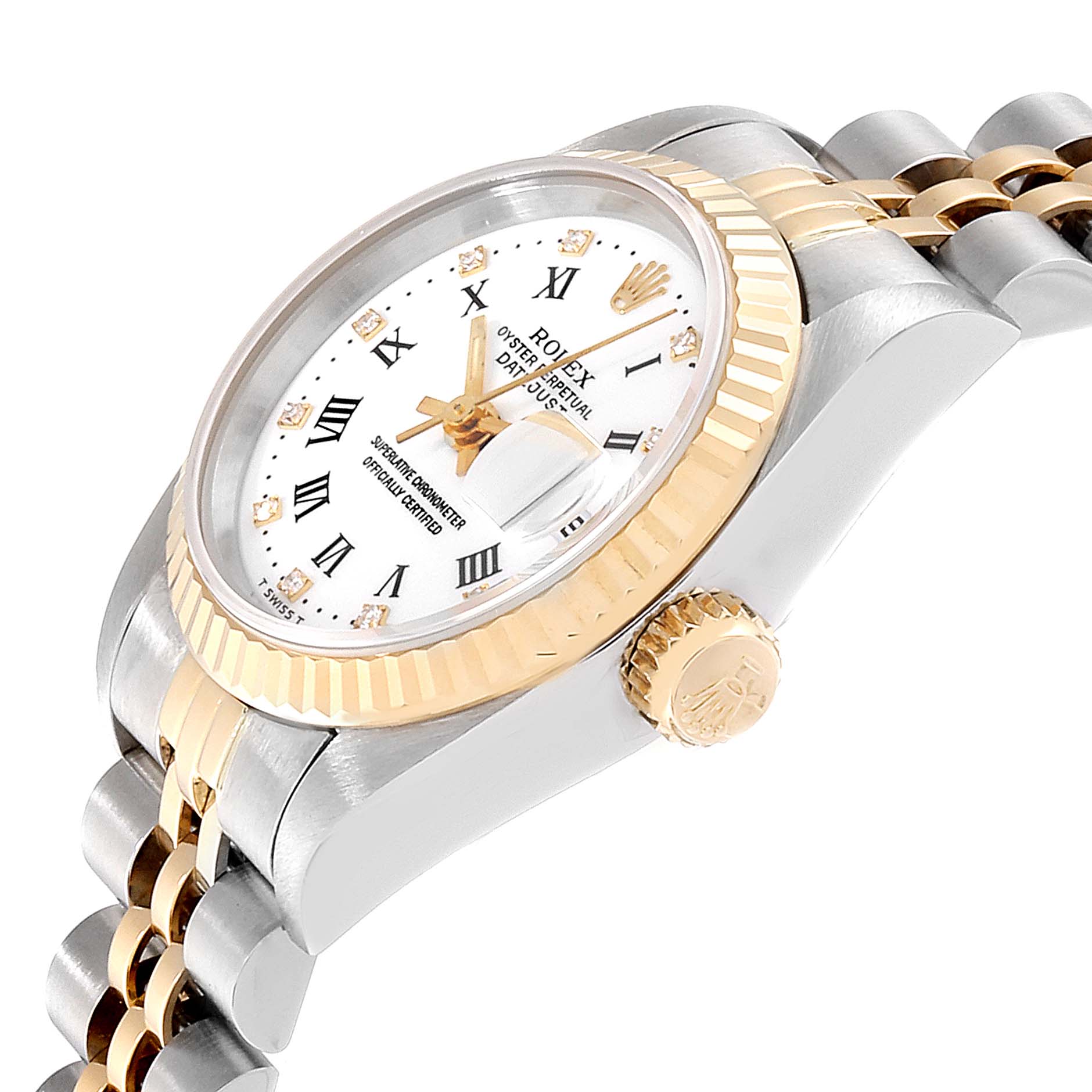This image shows a side view of a Rolex Datejust 69173 Women's Steel and Gold (two tone) White Dial 69173 Women's Steel and Gold (two tone) White Dial watch, highlighting the dial, bezel, crown, and part of the bracelet.
