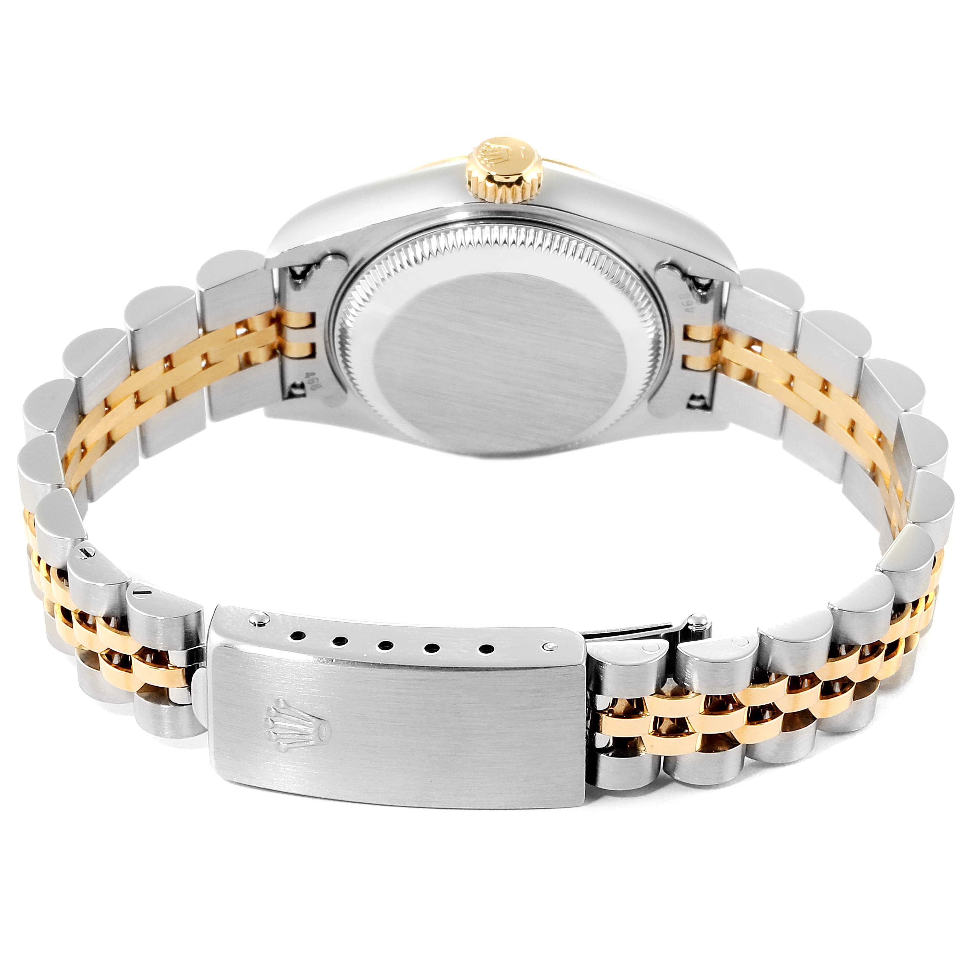 The image shows the back case and clasp of a Rolex Datejust 69173 Women's Steel and Gold (two tone) White Dial 69173 Women's Steel and Gold (two tone) White Dial watch from an underside angle.