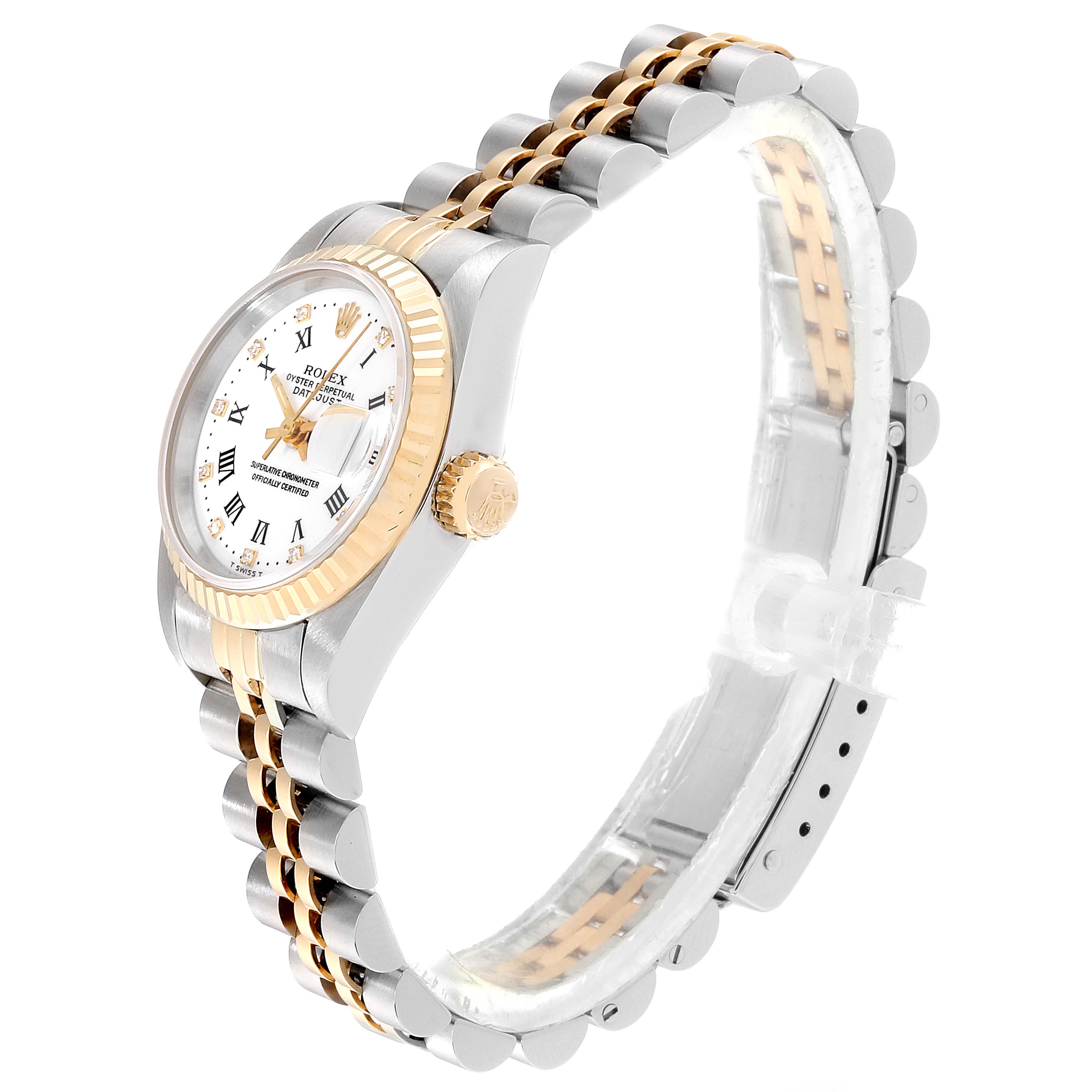 This image shows a side view of the Rolex Datejust 69173 Women's Steel and Gold (two tone) White Dial 69173 Women's Steel and Gold (two tone) White Dial watch, displaying its bezel, crown, and Jubilee bracelet.