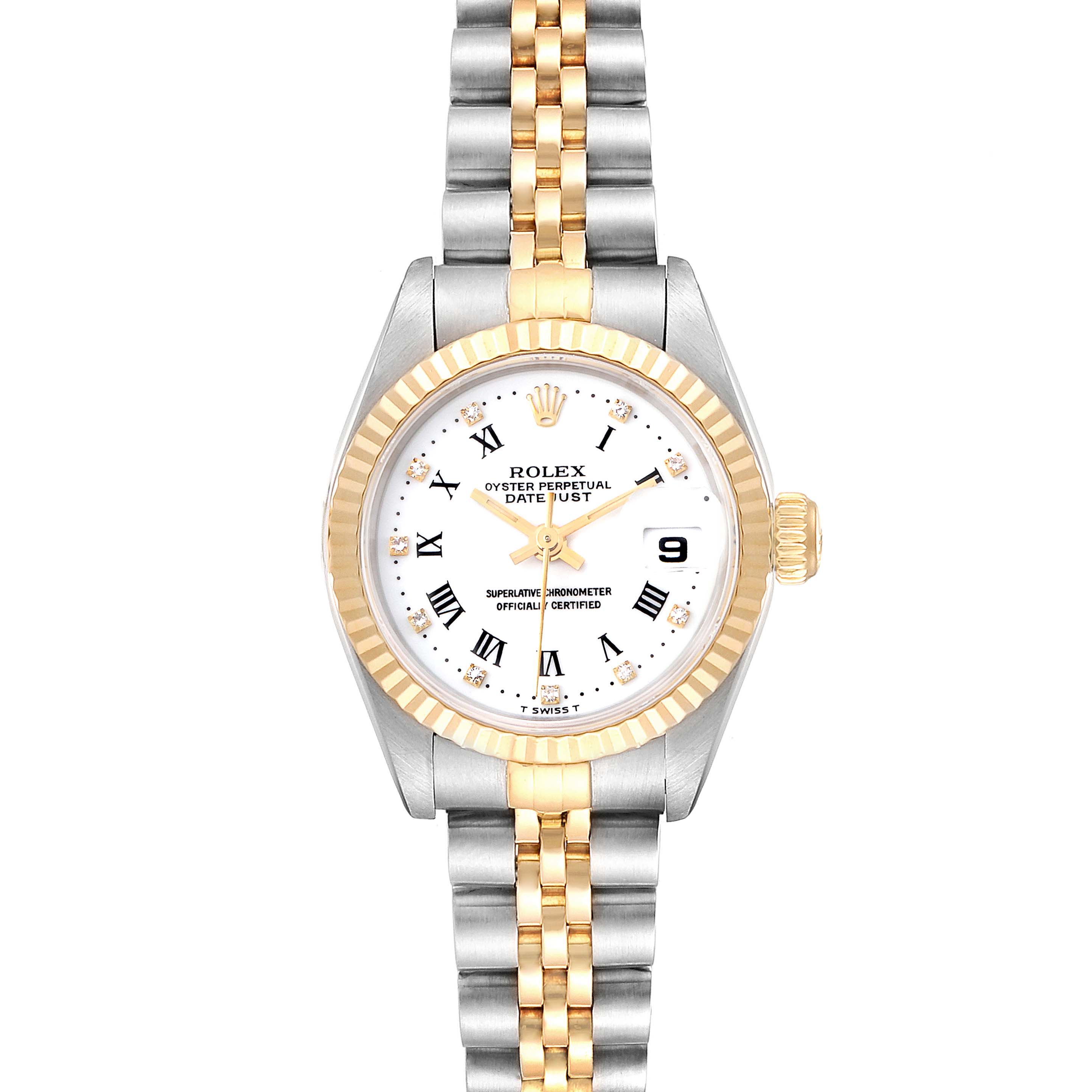 This image shows a front view of the Rolex Datejust 69173 Women's Steel and Gold (two tone) White Dial 69173 Women's Steel and Gold (two tone) White Dial watch, highlighting the dial, bezel, and bracelet of the timepiece.