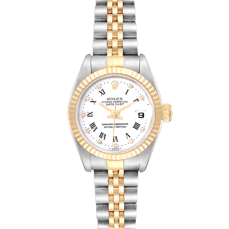 This image shows a front view of the Rolex Datejust 69173 Women's Steel and Gold (two tone) White Dial 69173 Women's Steel and Gold (two tone) White Dial watch, highlighting the dial, bezel, and bracelet of the timepiece.