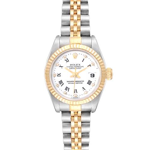 The Rolex Datejust 69173 Women's Steel and Gold (two tone) White Dial 69173 Women's Steel and Gold (two tone) White Dial watch is shown from a top-down angle, displaying its dial, bezel, and bracelet.
