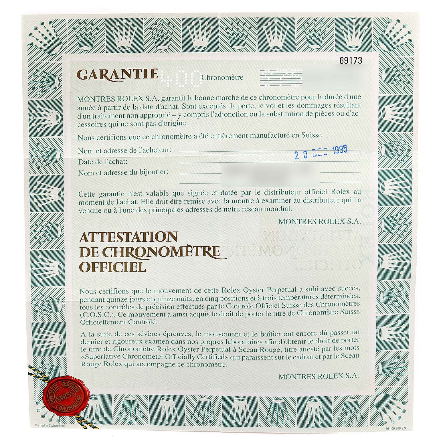 This image shows the warranty certificate for a Rolex Datejust 69173 Women's Steel and Gold (two tone) White Dial 69173 Women's Steel and Gold (two tone) White Dial watch, detailing purchase information and authenticity verification.