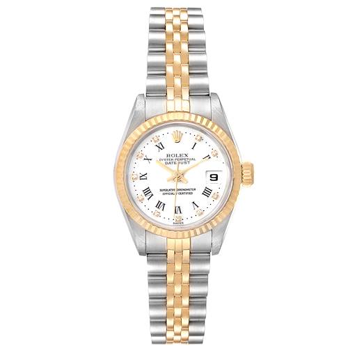 The image shows a front view of a Rolex Datejust 69173 Women's Steel and Gold (two tone) White Dial 69173 Women's Steel and Gold (two tone) White Dial watch with a two-tone bracelet and a white dial.