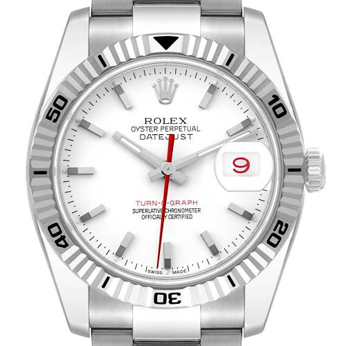 The image shows a front view of the Rolex Turn-o-Graph 116264 Men's Stainless Steel White Dial 116264 Men's Stainless Steel White Dial watch, highlighting the dial, bezel, hands, and bracelet.