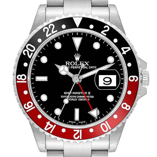This is a front view of the Rolex GMT-Master 16710 Men's Stainless Steel Black Dial 16710 Men's Stainless Steel Black Dial II watch, showing the dial, bezel, date window, and part of the bracelet.